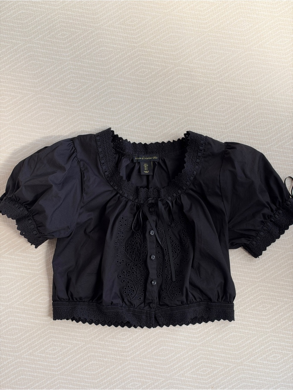 House of Harlow 1960 Black Cropped Puff Sleeve Top with Eyelet Detail